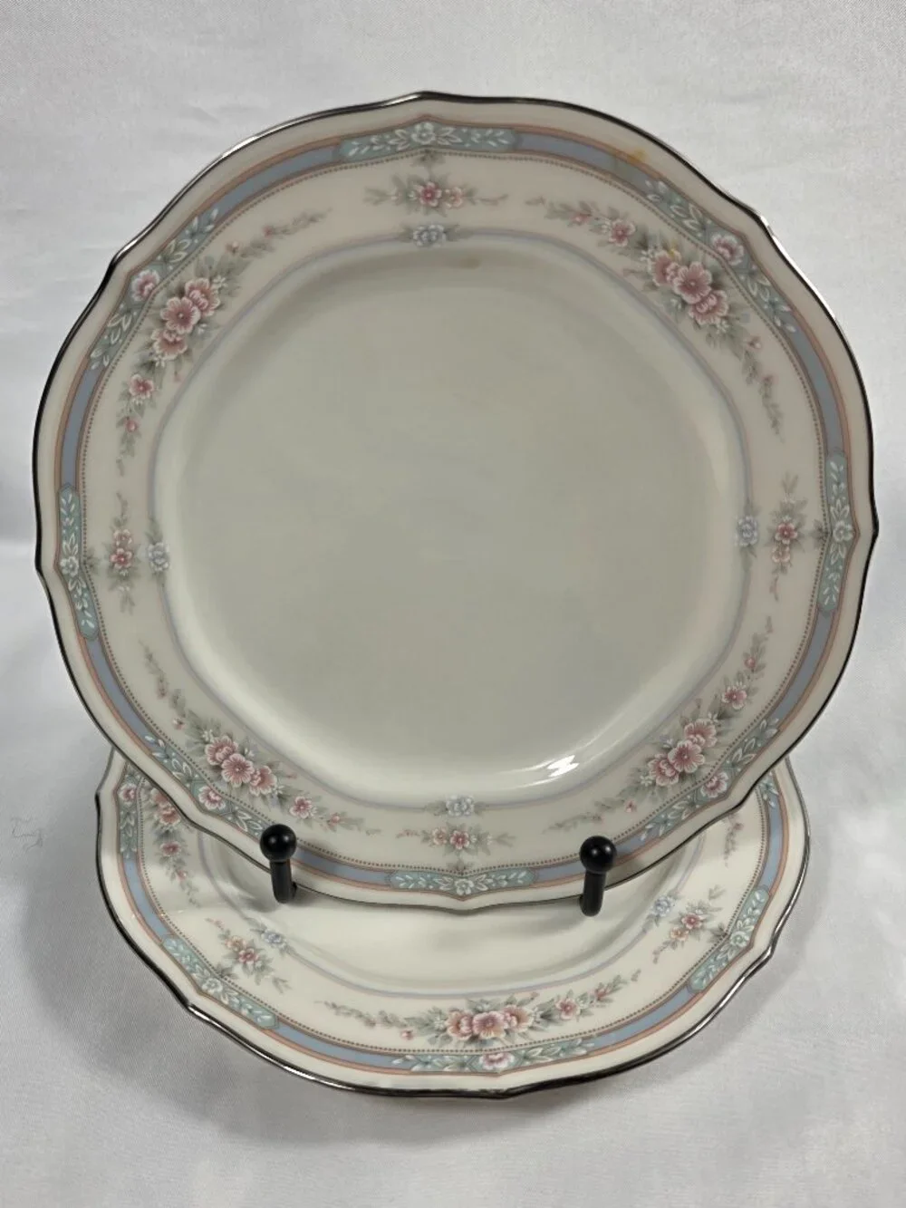 TWO Noritake Rothschild Bread Plates Ivory Blue Band with Pink Flowers